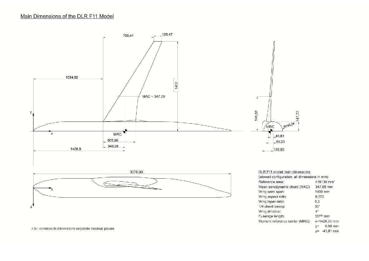 DLR F11 model sketch, dimensions, and pressure tap locations, page 1