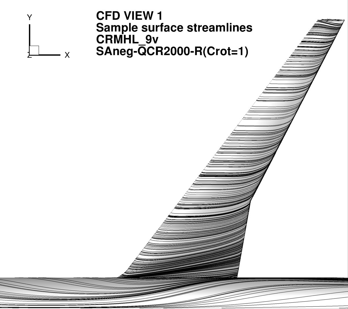 Sample streamlines on grid 1.R.01 9v, SA-neg-QCR2000-R(Crot=1), CFD View 1