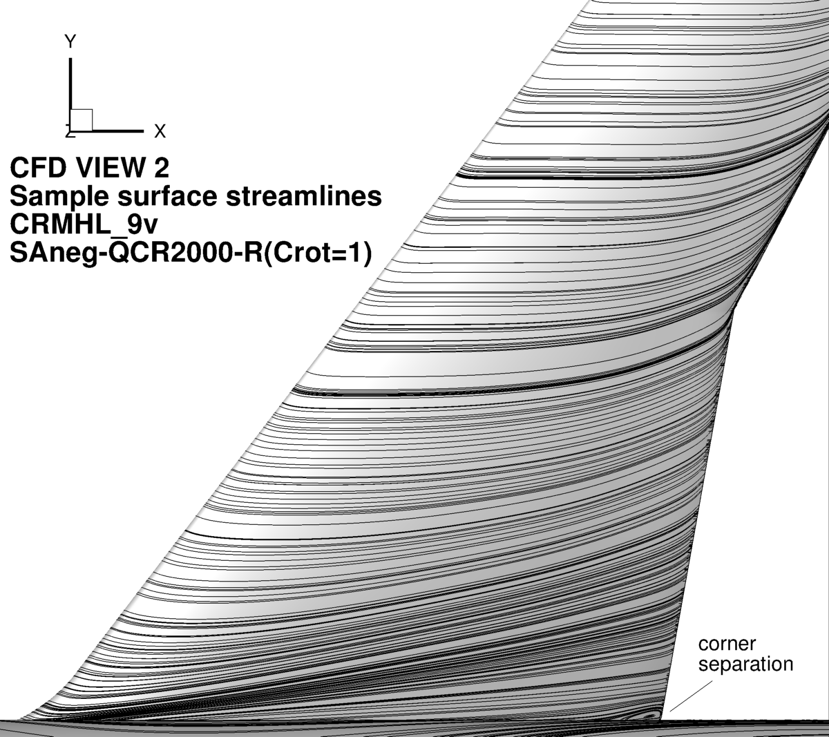 Sample streamlines on grid 1.R.01 9v, SA-neg-QCR2000-R(Crot=1), CFD View 2