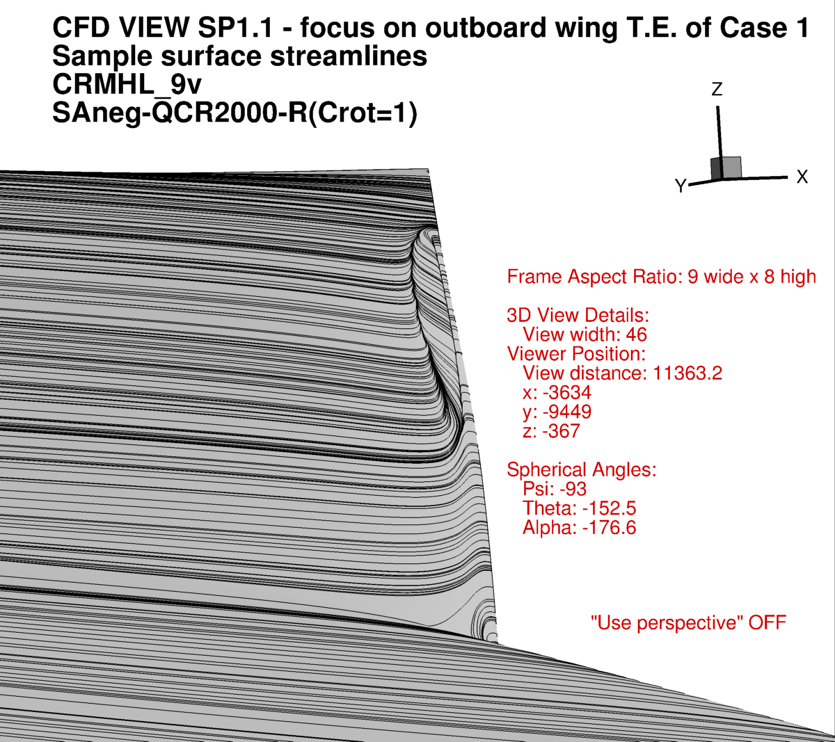 Sample streamlines on grid 1.R.01 9v, SA-neg-QCR2000-R(Crot=1), CFD View SP1.1 special focus on trailing edge